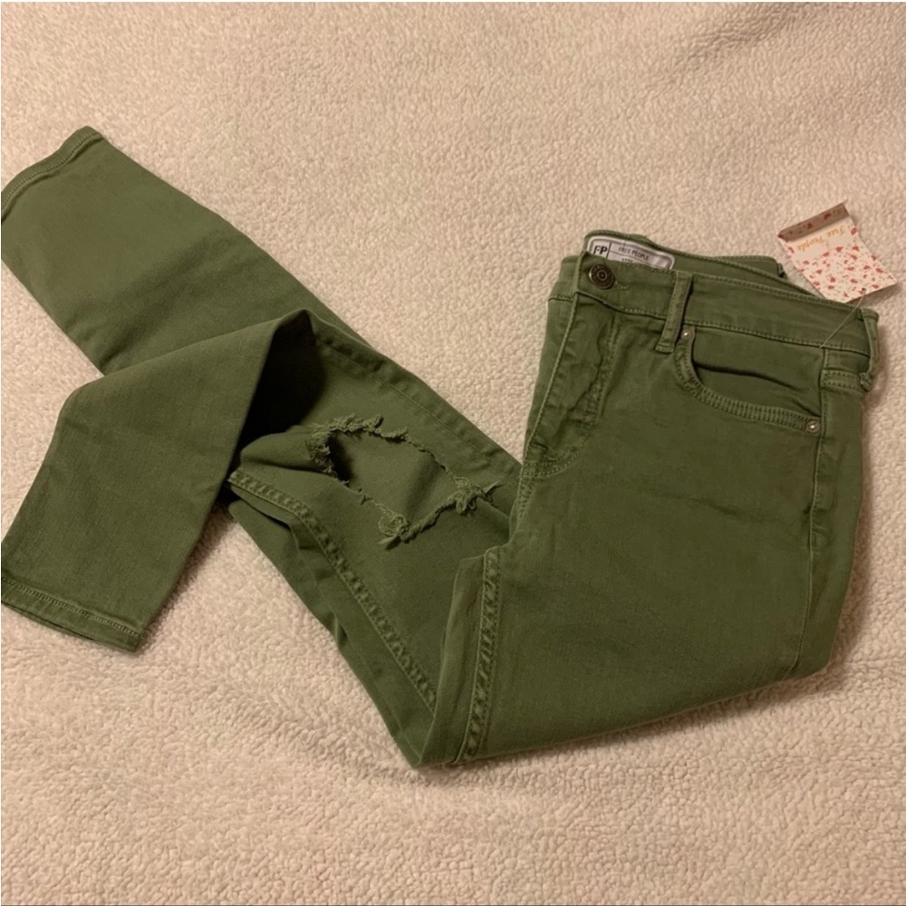 Free People High Rise Busted Olive Green Distressed Skinny Jeans - Picture 3 of 15